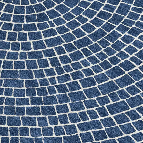 8' Navy Blue And Ivory Round Geometric Washable Indoor Outdoor Area Rug Photo 3