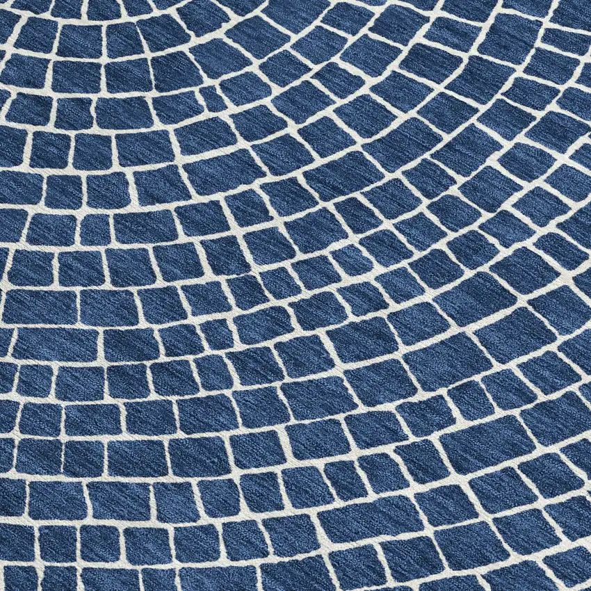 8' Navy Blue And Ivory Round Geometric Washable Indoor Outdoor Area Rug Photo 3