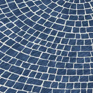 Photo of 8' Navy Blue And Ivory Round Geometric Washable Indoor Outdoor Area Rug