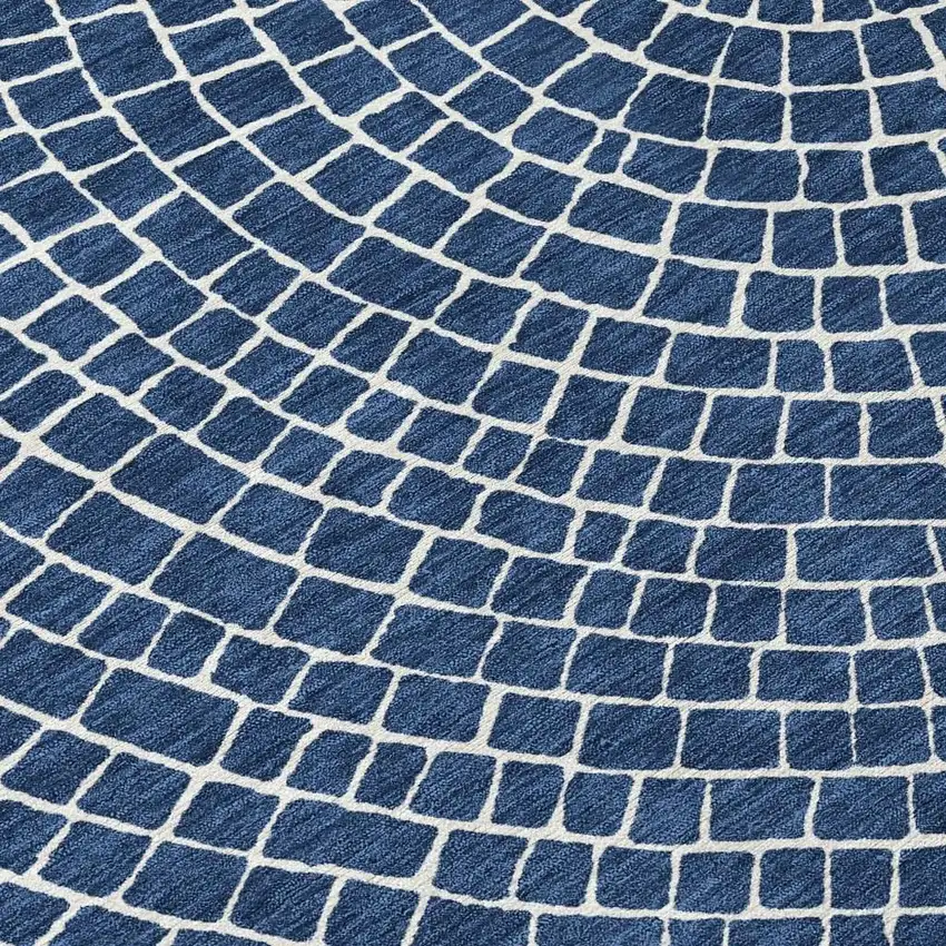 8' Navy Blue And Ivory Round Geometric Washable Indoor Outdoor Area Rug Photo 2