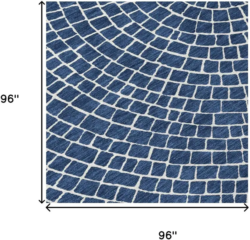 8' Navy Blue And Ivory Round Geometric Washable Indoor Outdoor Area Rug Photo 8