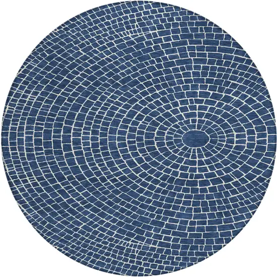 8' Navy Blue And Ivory Round Geometric Washable Indoor Outdoor Area Rug Photo 6