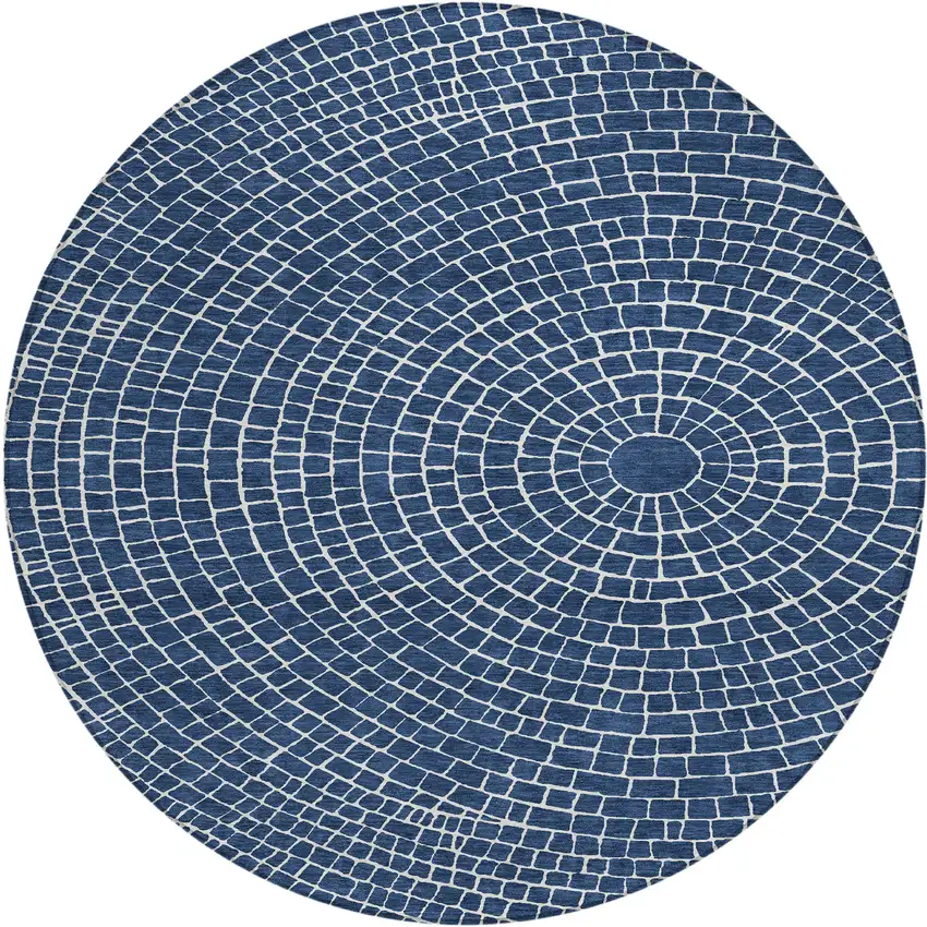 8' Navy Blue And Ivory Round Geometric Washable Indoor Outdoor Area Rug Photo 6