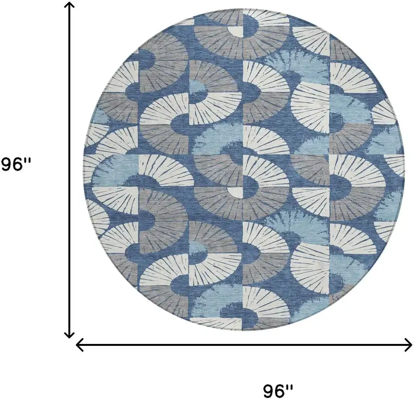 8' Navy Blue And Ivory Round Geometric Washable Indoor Outdoor Area Rug Photo 8