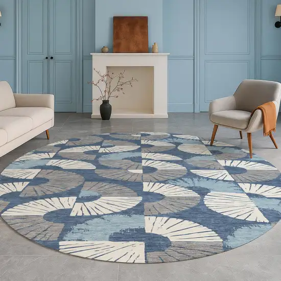 8' Navy Blue And Ivory Round Geometric Washable Indoor Outdoor Area Rug Photo 5