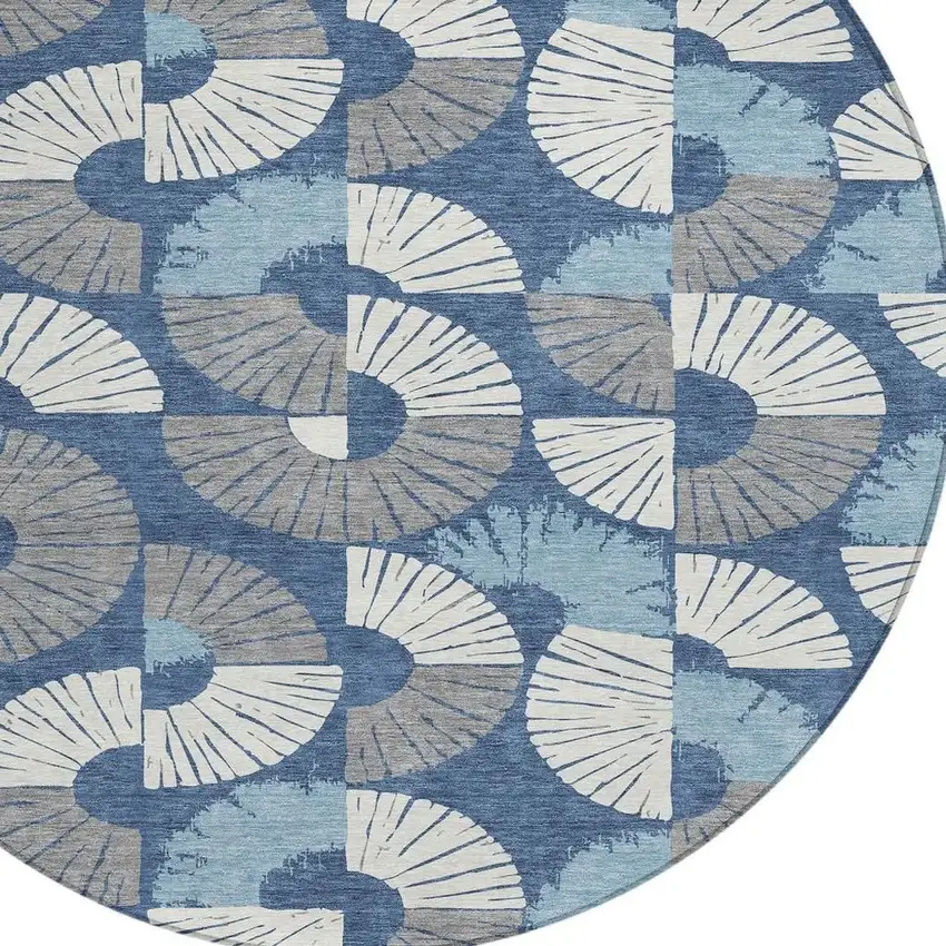 8' Navy Blue And Ivory Round Geometric Washable Indoor Outdoor Area Rug Photo 2