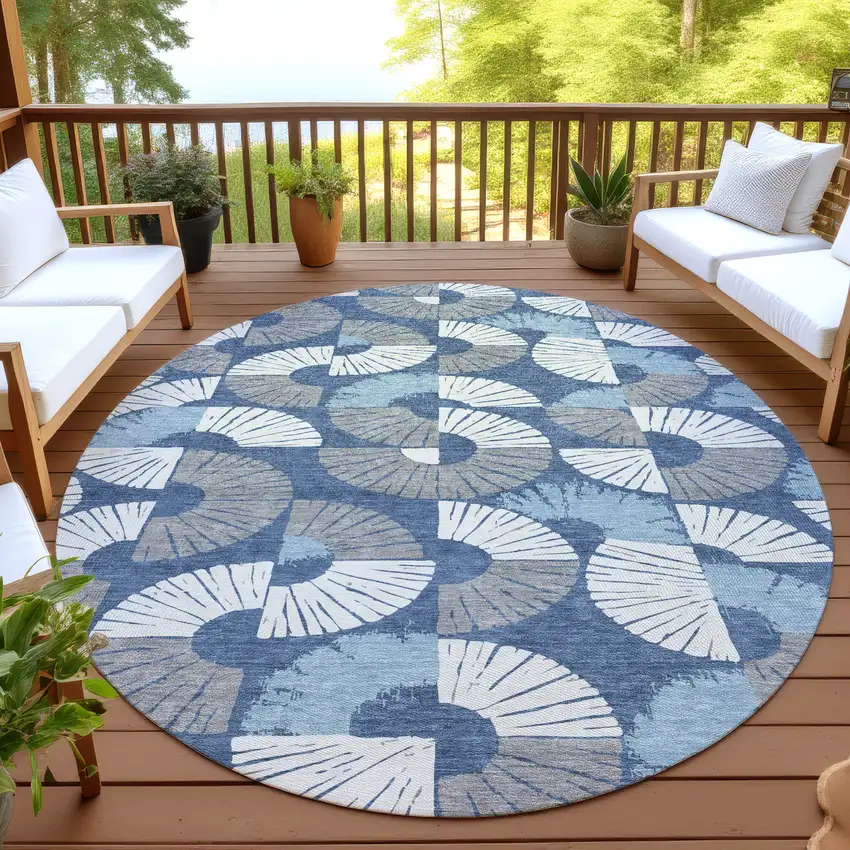 8' Navy Blue And Ivory Round Geometric Washable Indoor Outdoor Area Rug Photo 4