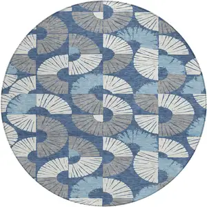 Photo of 8' Navy Blue And Ivory Round Geometric Washable Indoor Outdoor Area Rug