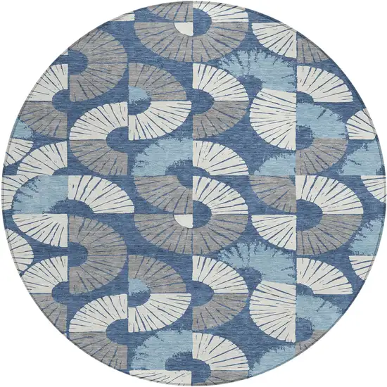 8' Navy Blue And Ivory Round Geometric Washable Indoor Outdoor Area Rug Photo 1