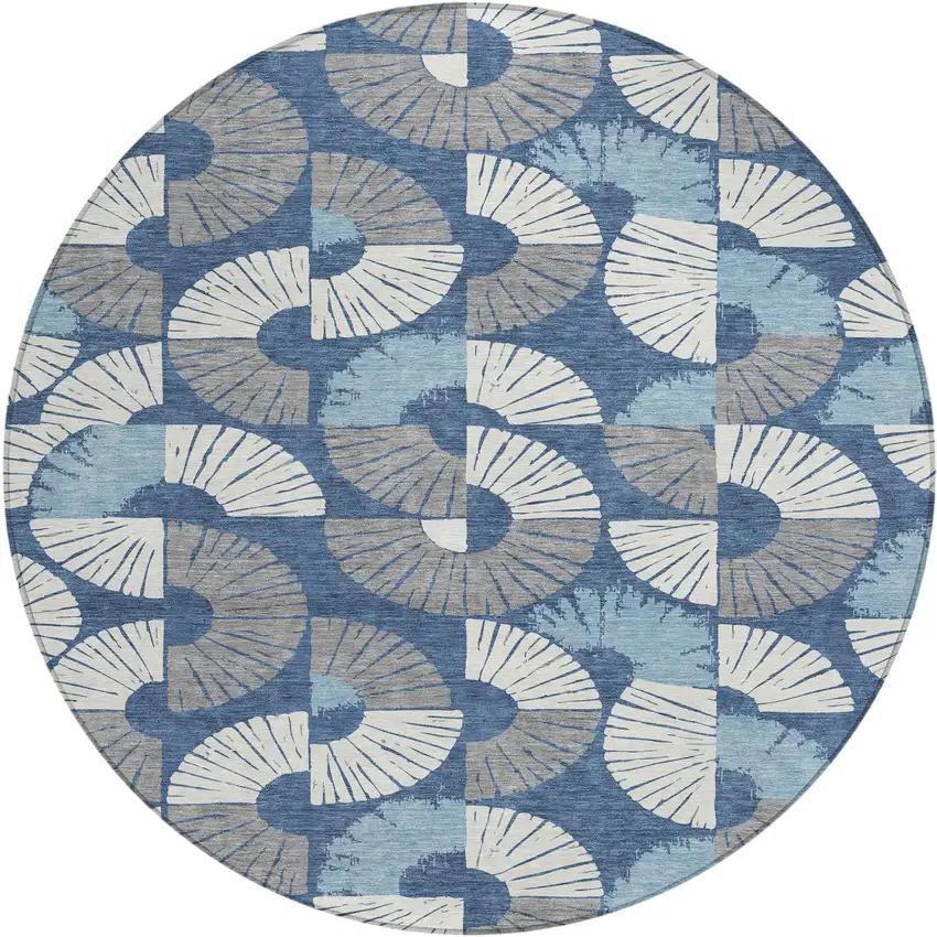 8' Navy Blue And Ivory Round Geometric Washable Indoor Outdoor Area Rug Photo 1