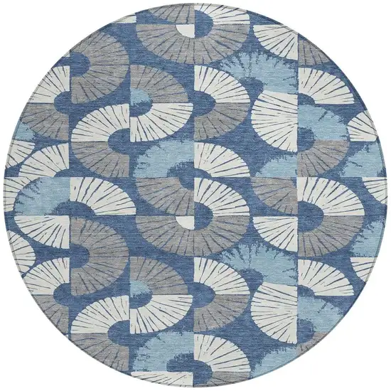 8' Navy Blue And Ivory Round Geometric Washable Indoor Outdoor Area Rug Photo 3