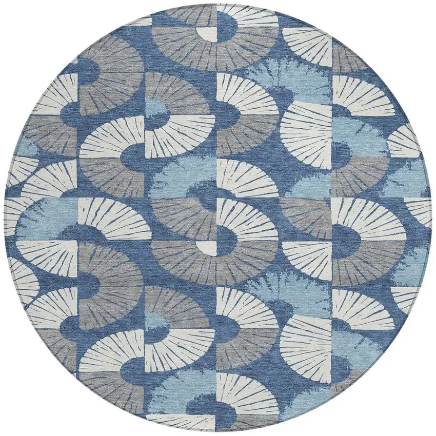 8' Navy Blue And Ivory Round Geometric Washable Indoor Outdoor Area Rug Photo 3