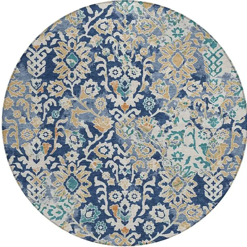 8' Navy Blue And Ivory Round Geometric Washable Indoor Outdoor Area Rug Photo 3