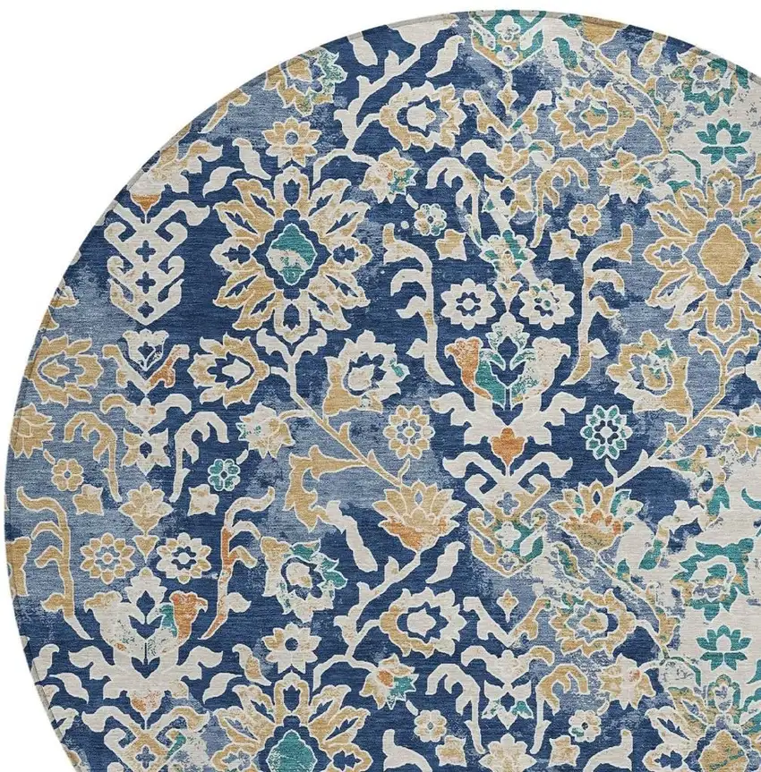 8' Navy Blue And Ivory Round Geometric Washable Indoor Outdoor Area Rug Photo 2