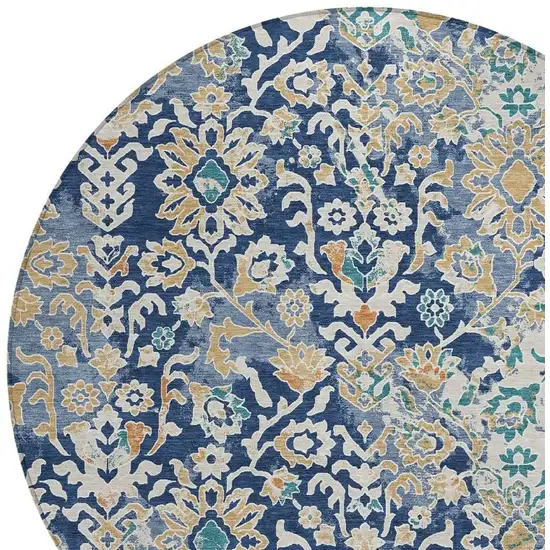 8' Navy Blue And Ivory Round Geometric Washable Indoor Outdoor Area Rug Photo 2