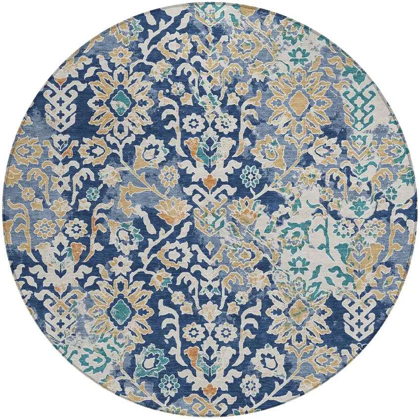 8' Navy Blue And Ivory Round Geometric Washable Indoor Outdoor Area Rug Photo 1