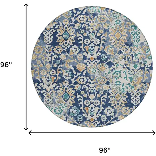 8' Navy Blue And Ivory Round Geometric Washable Indoor Outdoor Area Rug Photo 6