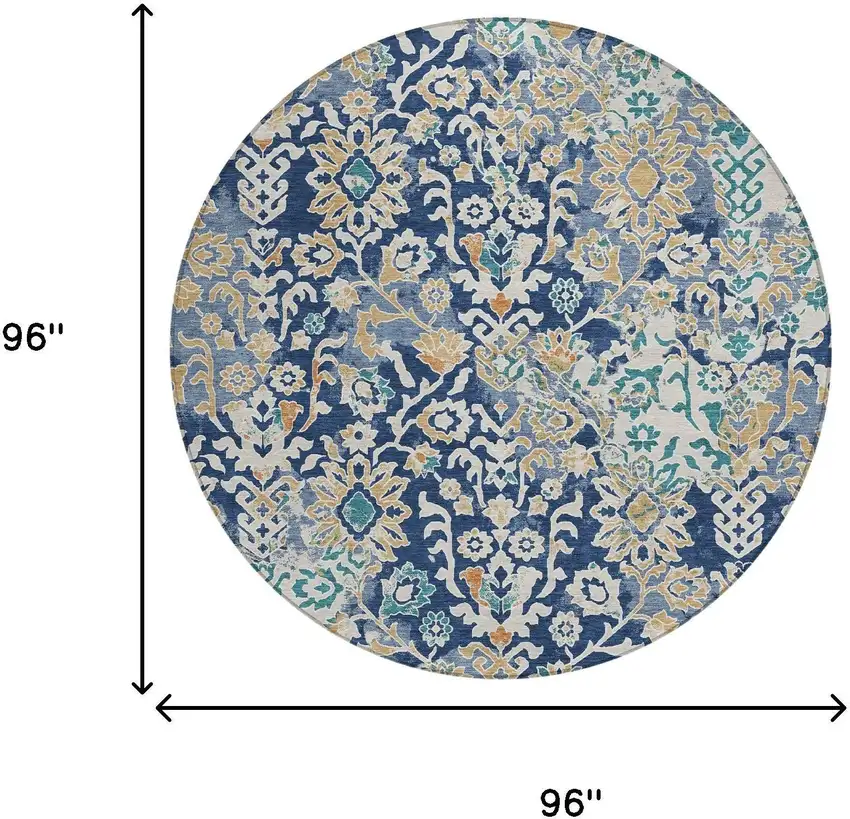 8' Navy Blue And Ivory Round Geometric Washable Indoor Outdoor Area Rug Photo 6