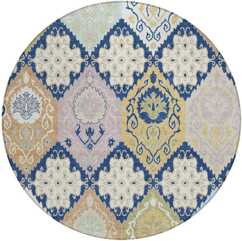 8' Navy Blue And Ivory Round Geometric Washable Indoor Outdoor Area Rug Photo 1