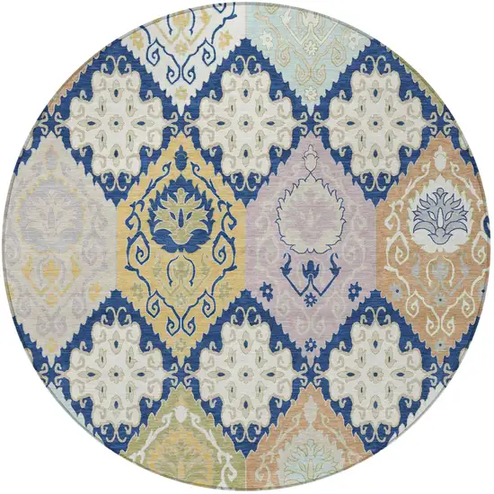 8' Navy Blue And Ivory Round Geometric Washable Indoor Outdoor Area Rug Photo 3