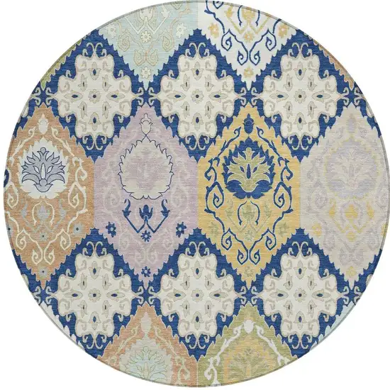 8' Navy Blue And Ivory Round Geometric Washable Indoor Outdoor Area Rug Photo 2