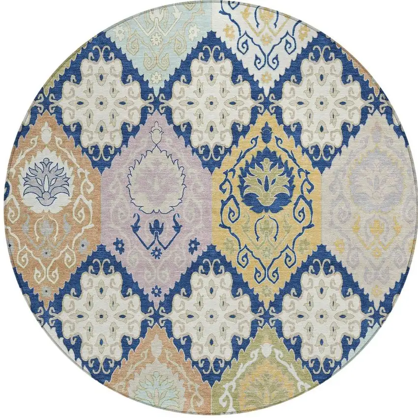 8' Navy Blue And Ivory Round Geometric Washable Indoor Outdoor Area Rug Photo 2