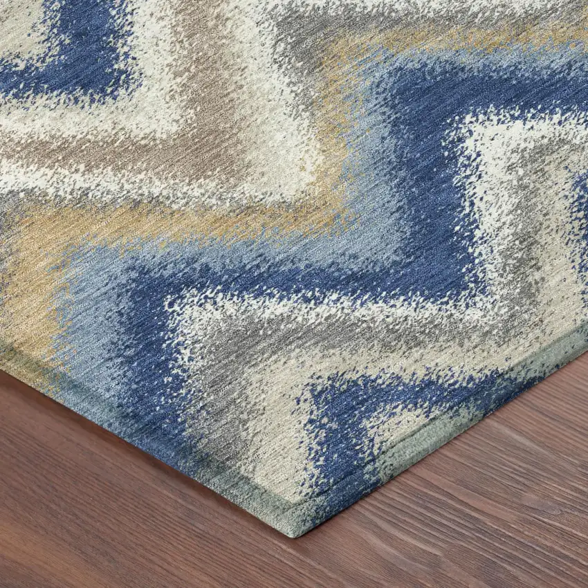 8' Navy Blue And Ivory Round Geometric Washable Indoor Outdoor Area Rug Photo 4