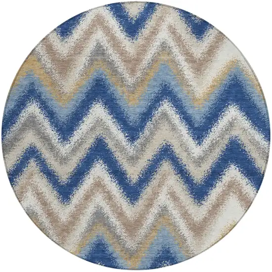 8' Navy Blue And Ivory Round Geometric Washable Indoor Outdoor Area Rug Photo 1