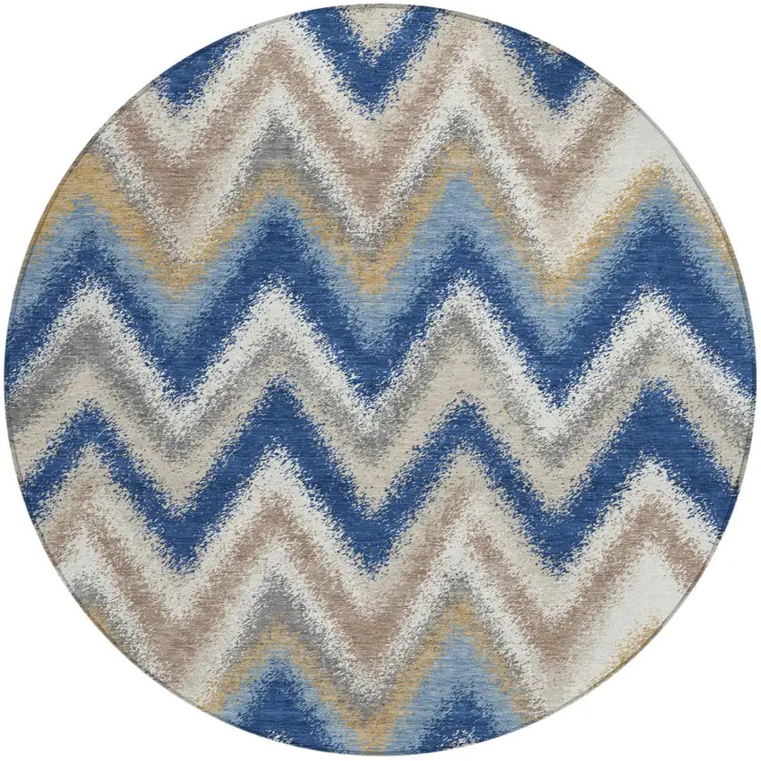 8' Navy Blue And Ivory Round Geometric Washable Indoor Outdoor Area Rug Photo 1