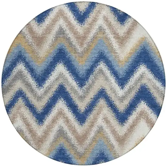 8' Navy Blue And Ivory Round Geometric Washable Indoor Outdoor Area Rug Photo 3
