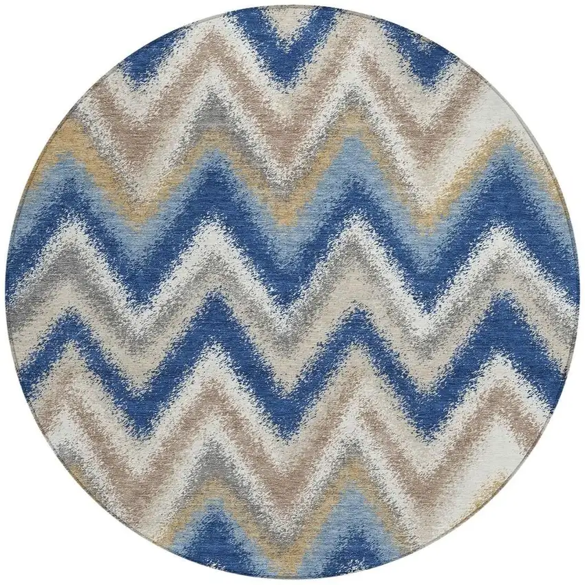 8' Navy Blue And Ivory Round Geometric Washable Indoor Outdoor Area Rug Photo 3