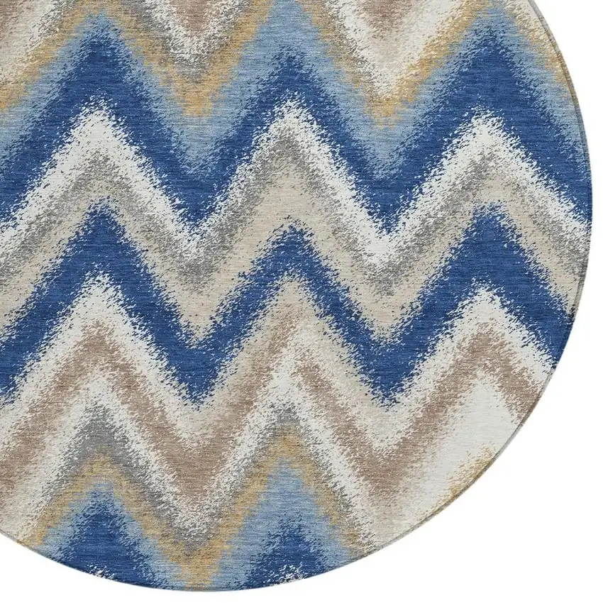 8' Navy Blue And Ivory Round Geometric Washable Indoor Outdoor Area Rug Photo 2