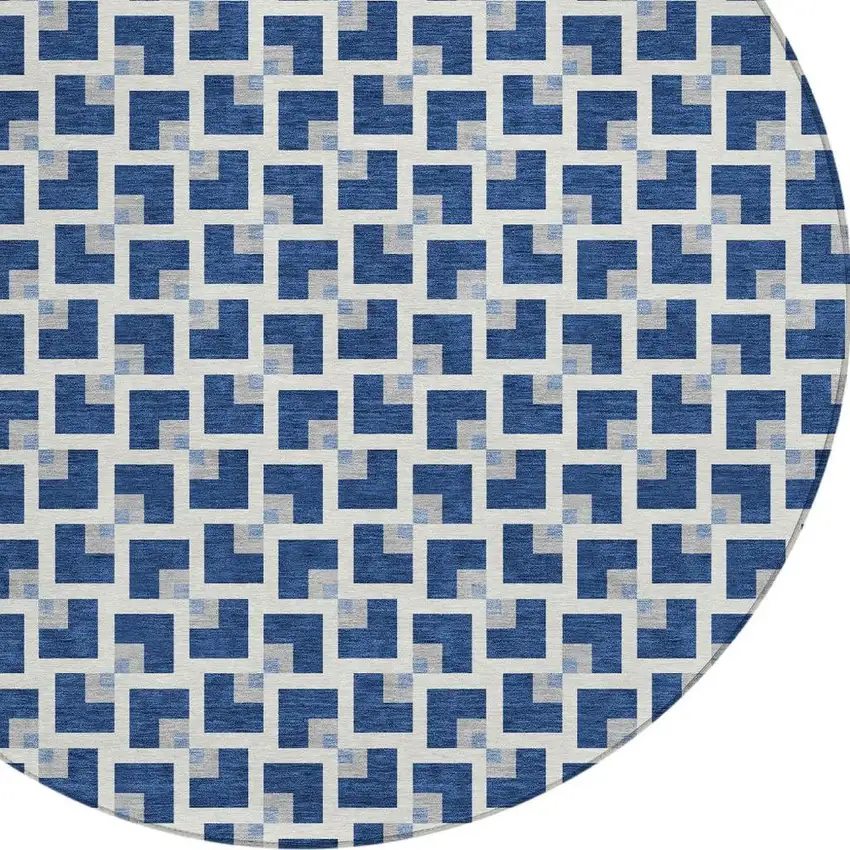 8' Navy Blue And Ivory Round Geometric Washable Indoor Outdoor Area Rug Photo 2