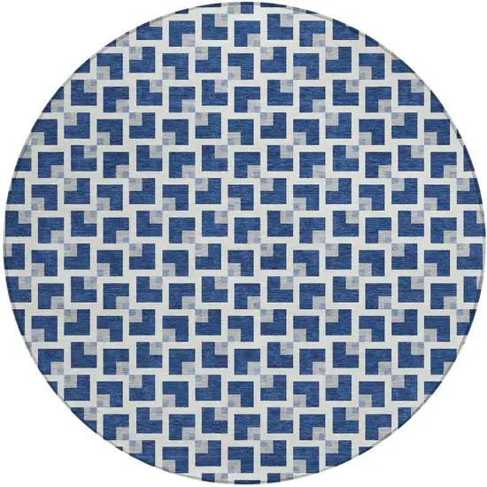 8' Navy Blue And Ivory Round Geometric Washable Indoor Outdoor Area Rug Photo 3