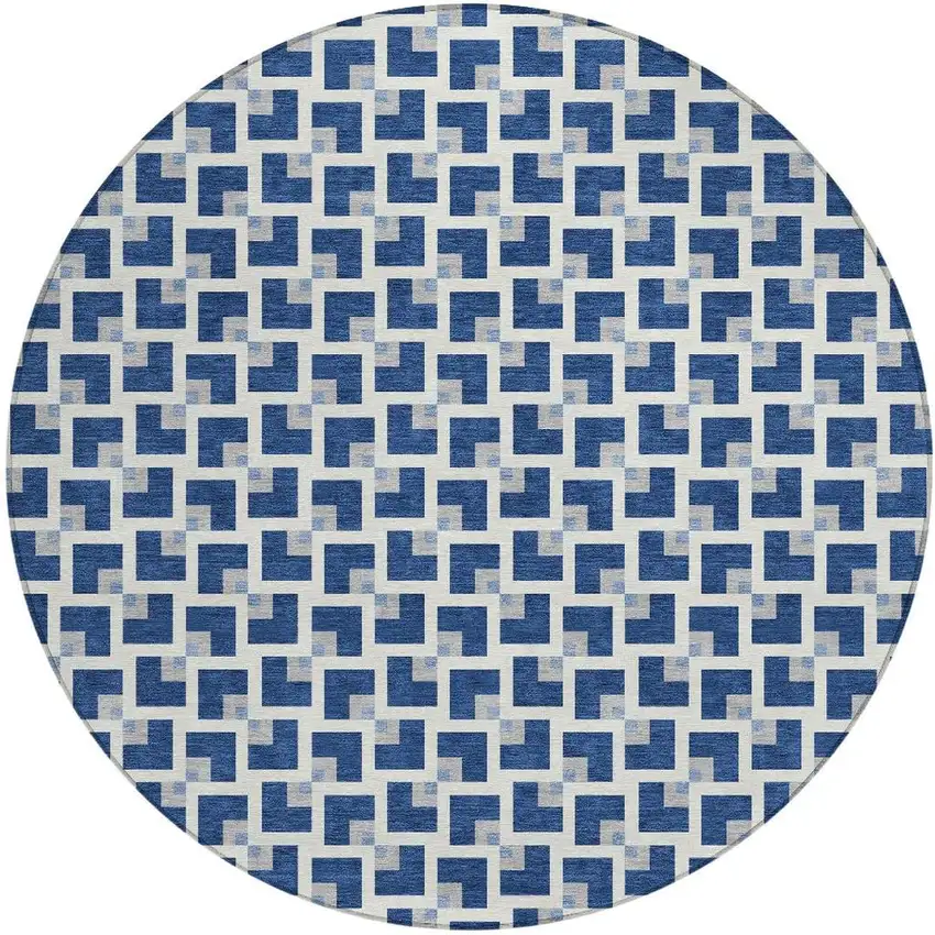 8' Navy Blue And Ivory Round Geometric Washable Indoor Outdoor Area Rug Photo 3