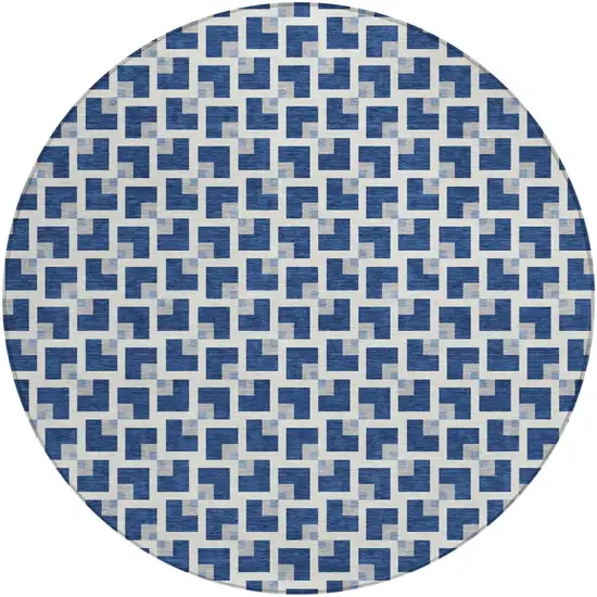 8' Navy Blue And Ivory Round Geometric Washable Indoor Outdoor Area Rug Photo 1