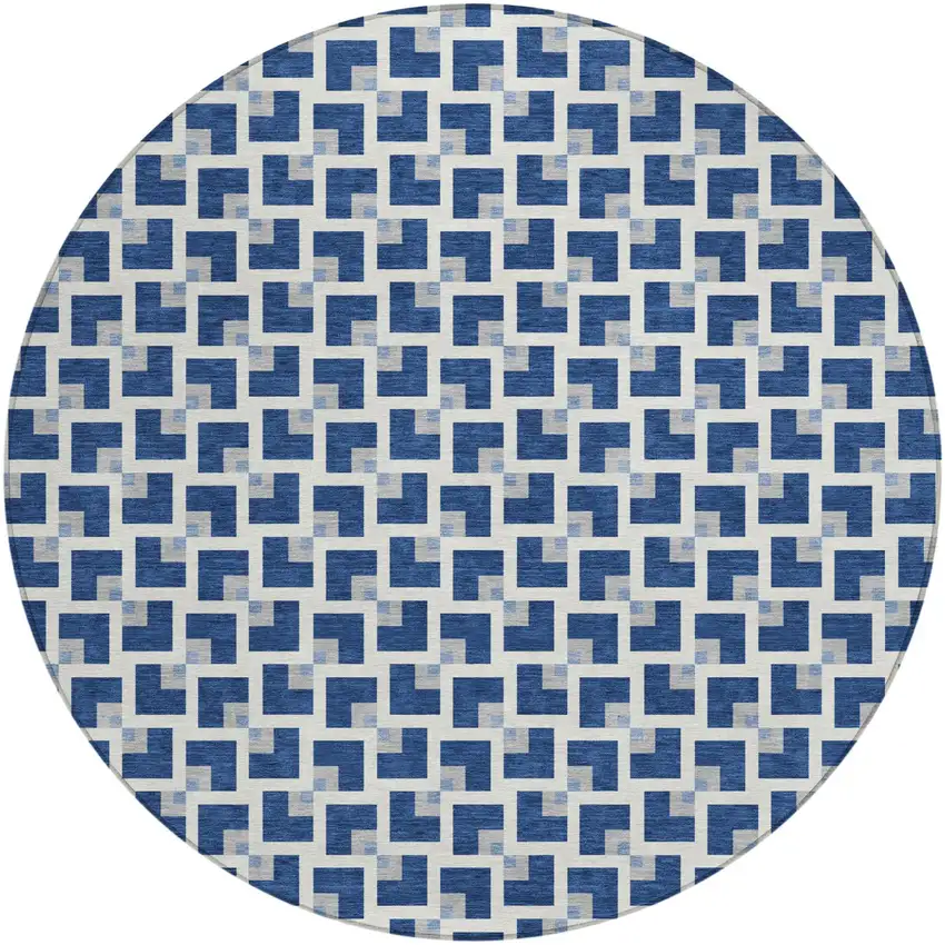 8' Navy Blue And Ivory Round Geometric Washable Indoor Outdoor Area Rug Photo 1