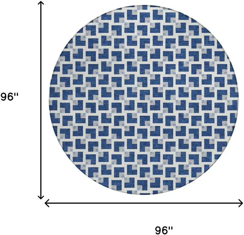 8' Navy Blue And Ivory Round Geometric Washable Indoor Outdoor Area Rug Photo 6