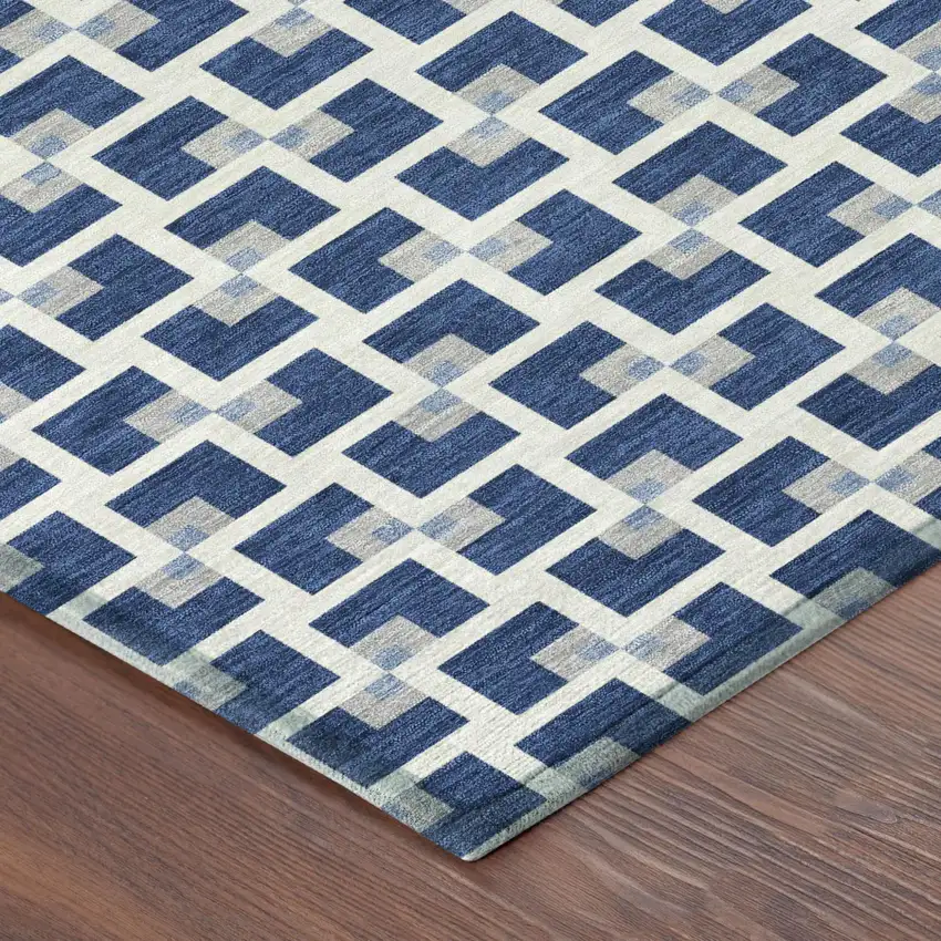 8' Navy Blue And Ivory Round Geometric Washable Indoor Outdoor Area Rug Photo 4
