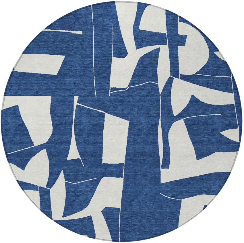 8' Navy Blue And Ivory Round Geometric Washable Indoor Outdoor Area Rug Photo 3