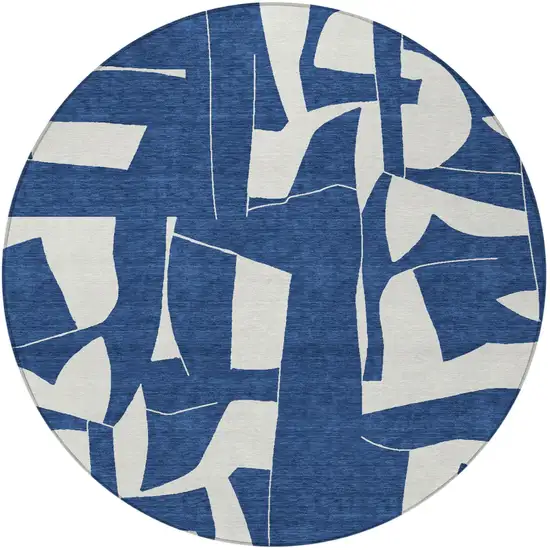8' Navy Blue And Ivory Round Geometric Washable Indoor Outdoor Area Rug Photo 3