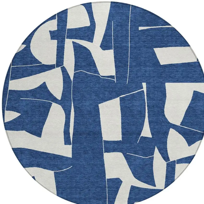 8' Navy Blue And Ivory Round Geometric Washable Indoor Outdoor Area Rug Photo 2