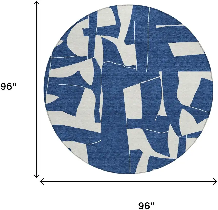 8' Navy Blue And Ivory Round Geometric Washable Indoor Outdoor Area Rug Photo 6