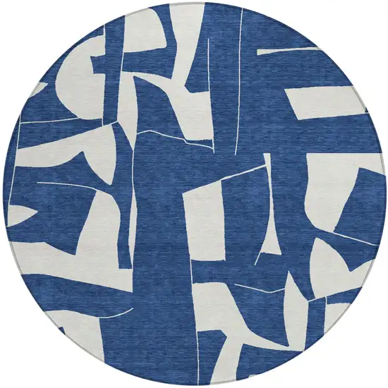 8' Navy Blue And Ivory Round Geometric Washable Indoor Outdoor Area Rug Photo 1