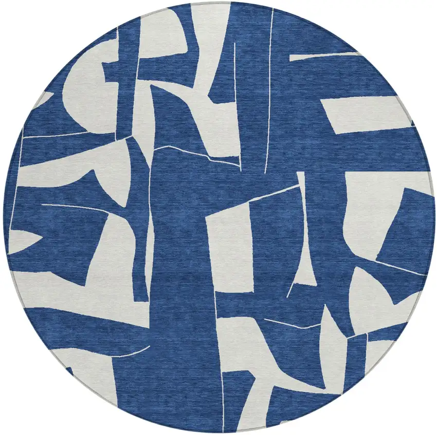 8' Navy Blue And Ivory Round Geometric Washable Indoor Outdoor Area Rug Photo 1