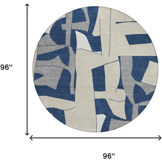 8' Navy Blue And Ivory Round Geometric Washable Indoor Outdoor Area Rug Photo 4