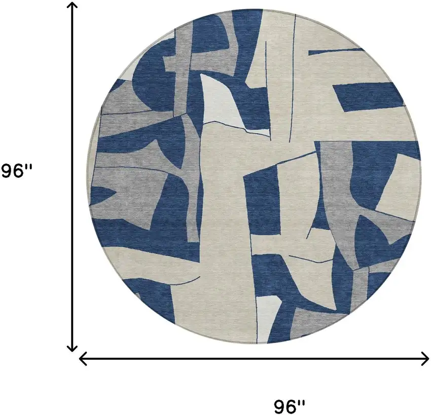 8' Navy Blue And Ivory Round Geometric Washable Indoor Outdoor Area Rug Photo 4