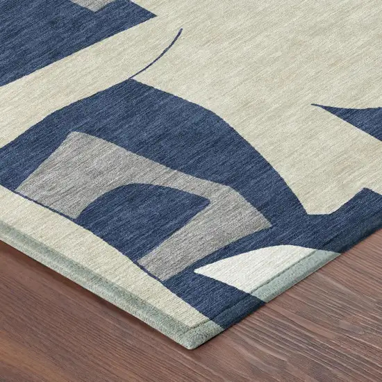 8' Navy Blue And Ivory Round Geometric Washable Indoor Outdoor Area Rug Photo 3