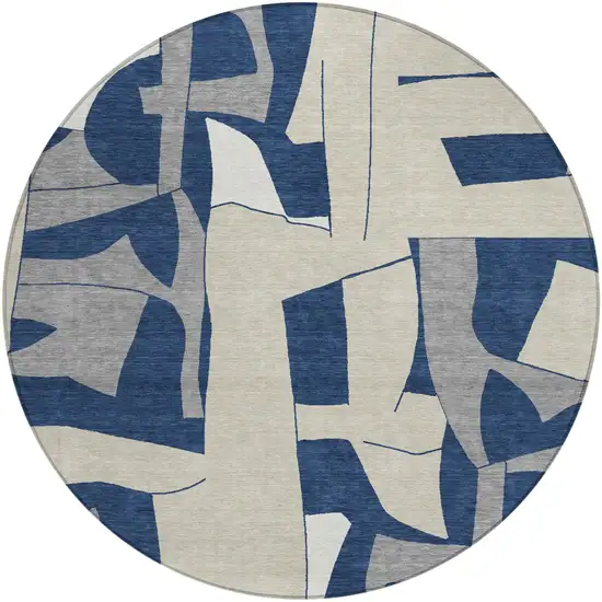 8' Navy Blue And Ivory Round Geometric Washable Indoor Outdoor Area Rug Photo 1