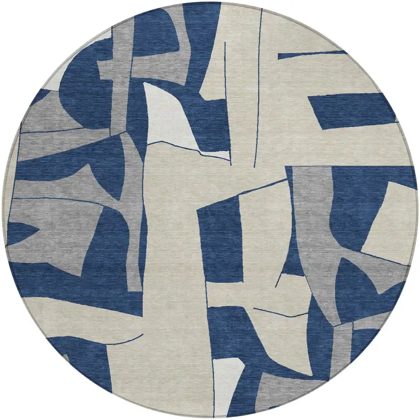 8' Navy Blue And Ivory Round Geometric Washable Indoor Outdoor Area Rug Photo 1